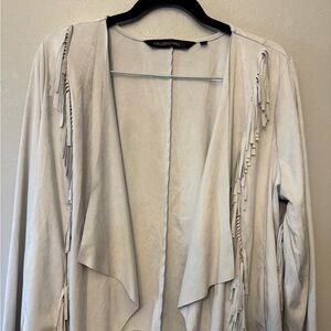Colleen Lopez Asymmetrical Fringe Boho/Western Grey Open Front Light Jacket‎